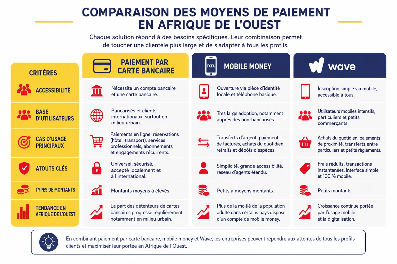 Paiement par carte bancaire sans friction: les points à vérifier avant d’encaisser , Comparaison avec d’autres moyens de paiement en Afrique de l’Ouest