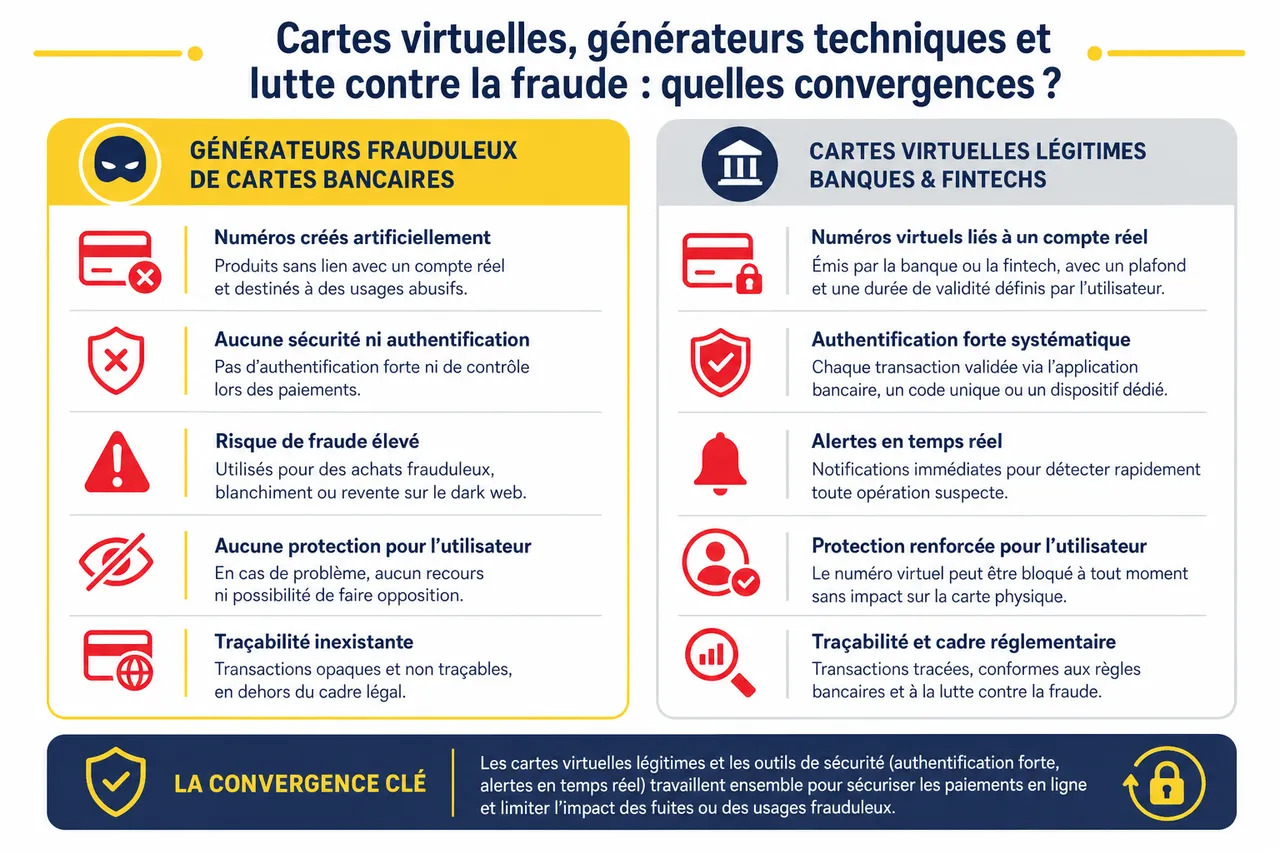 Générateur de carte bancaire, à quoi sert-il et quels risques faut-il connaître? , Cartes virtuelles, générateurs techniques et lutte contre la fraude: quelles convergences?