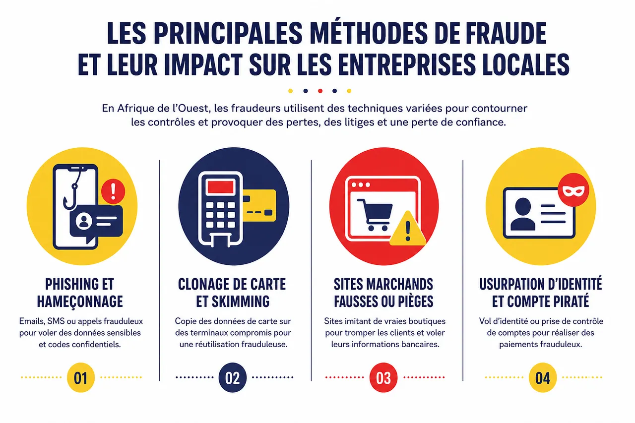 Fraude à la carte bancaire en Afrique de l’Ouest, comment les marchands peuvent se protéger sans bloquer les vrais clients , Les principales méthodes de fraude et leur impact sur les entreprises locales