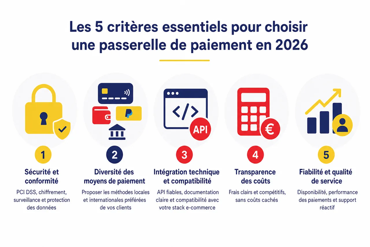 5 critères essentiels pour choisir une passerelle de paiement adaptée à votre site e‑commerce , Les 5 critères essentiels pour choisir une passerelle de paiement en 2026