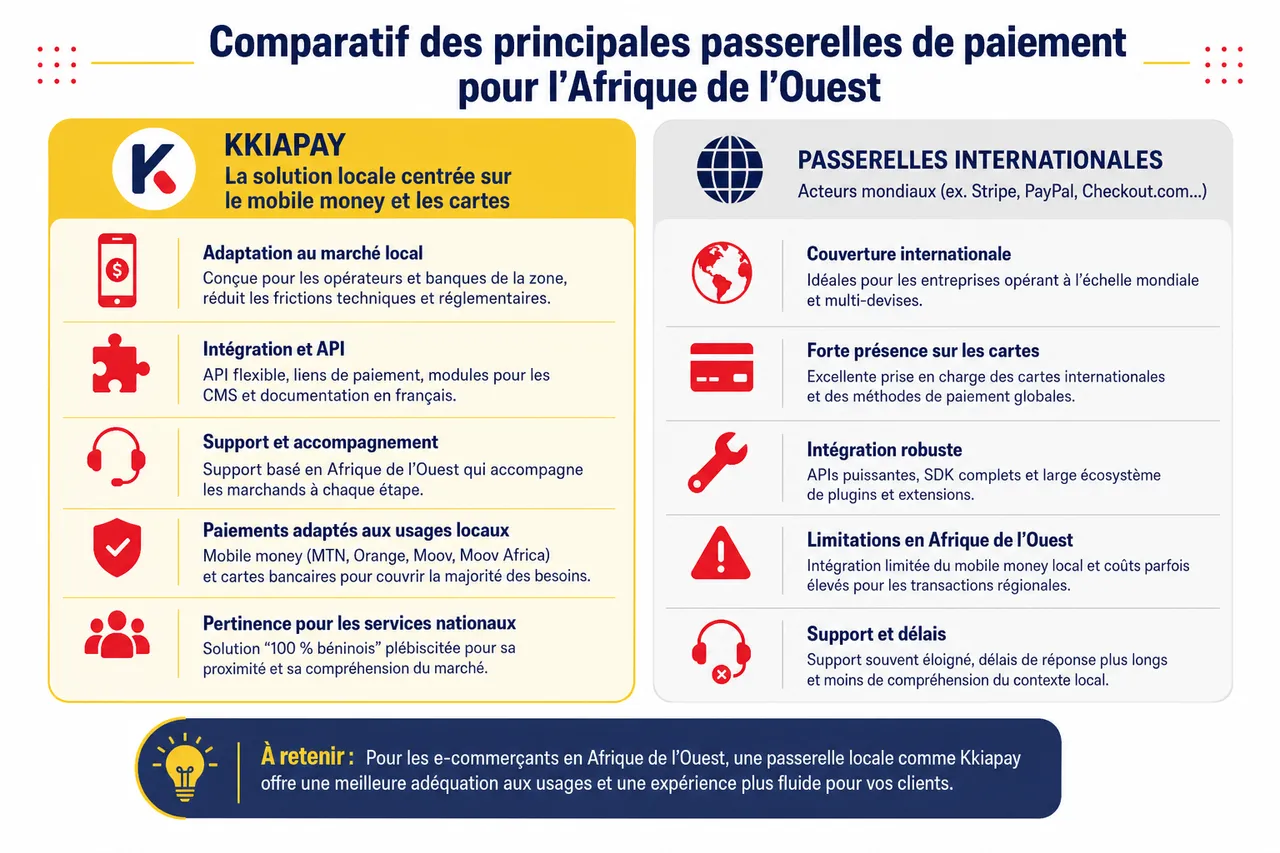5 critères essentiels pour choisir une passerelle de paiement adaptée à votre site e‑commerce , Comparatif des principales passerelles de paiement pour l’Afrique de l’Ouest
