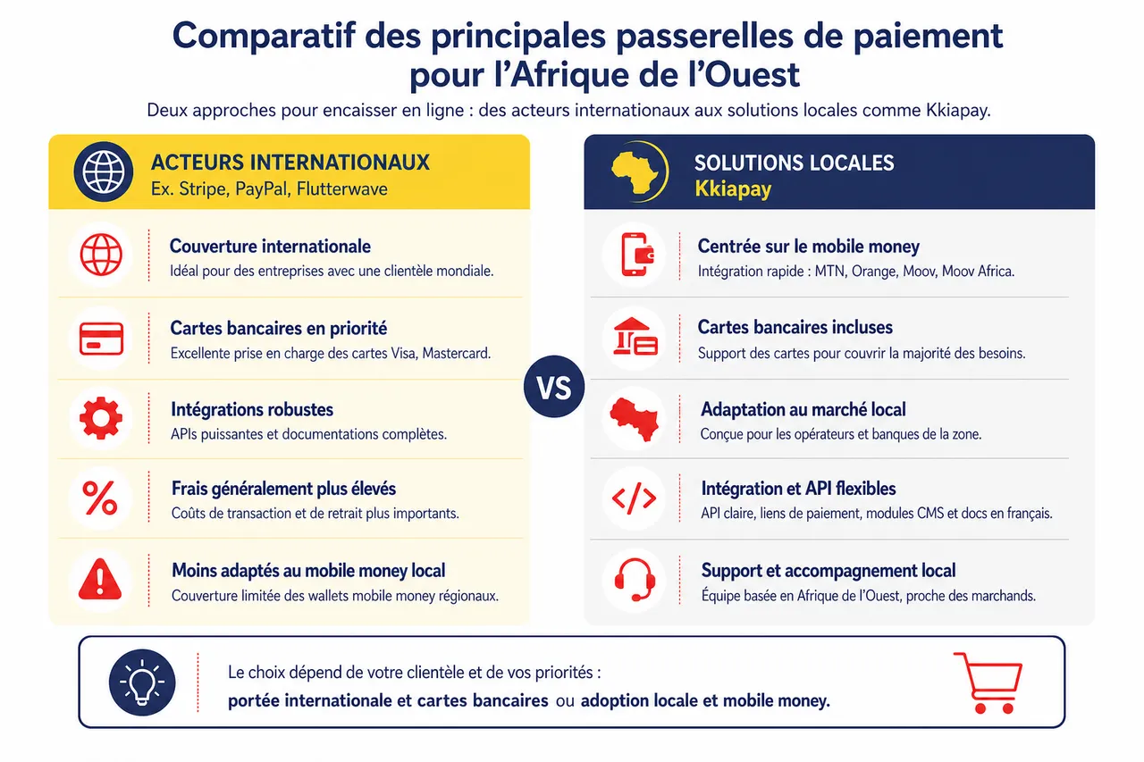 5 critères essentiels pour choisir une passerelle de paiement adaptée à votre site e‑commerce , Comparatif des principales passerelles de paiement pour l’Afrique de l’Ouest