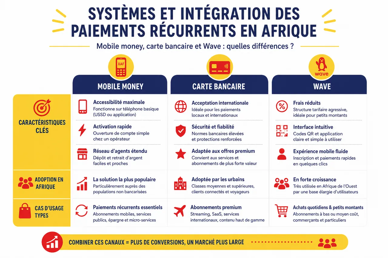 Mettre en place des paiements récurrents pour vos abonnements en Afrique, les points techniques à ne pas oublier , Systèmes et intégration des paiements récurrents: mobile money, carte bancaire et Wave
