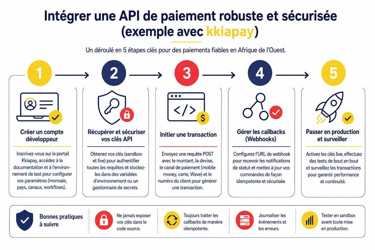 Api de paiement pour développeurs en Afrique de l’Ouest, comment concevoir une intégration robuste et sécurisée? , Guide technique: intégrer une API de paiement robuste et sécurisée (exemple avec kkiapay)