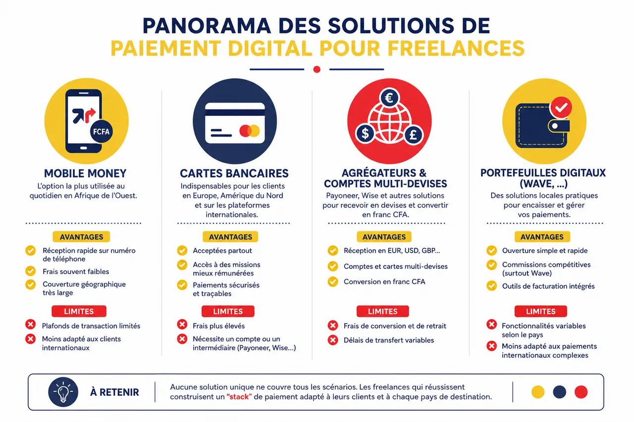 Freelances et créateurs en Afrique de l’Ouest, comment encaisser vos clients à distance en restant en règle? , Panorama des solutions de paiement digital pour freelances