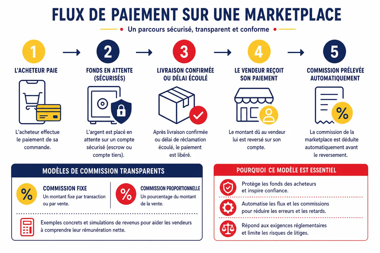 Mettre en place les paiements sur une marketplace en Afrique, flux d’argent, commissions et responsabilités expliqués , Fonctionnement des flux de paiement et modèles de commission