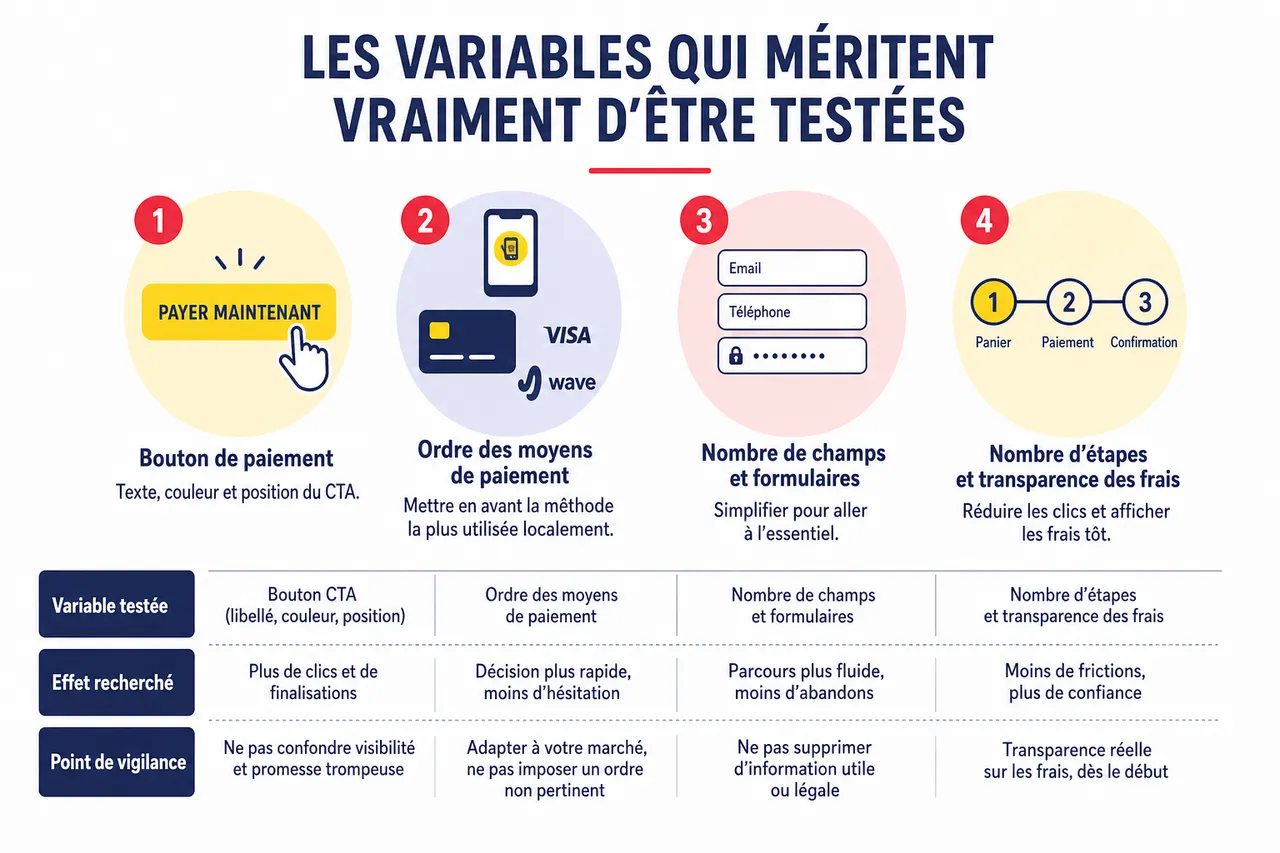 Tests A/B sur le checkout, comment expérimenter vos parcours de paiement sans prendre de risque? , Les variables qui méritent vraiment d’être testées