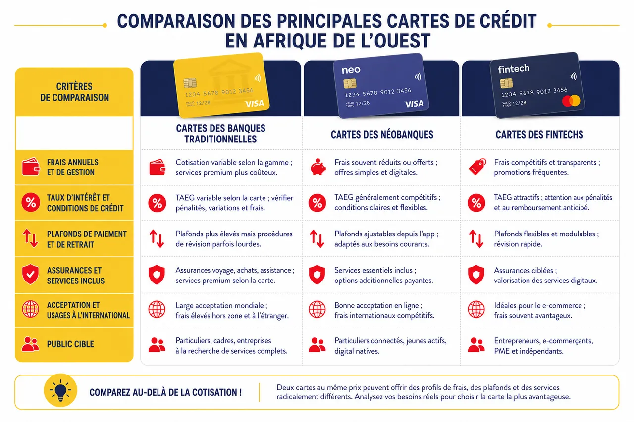 Les pièges à éviter lors de la souscription à une carte de crédit en 2026 , Comparaison des principales cartes de crédit en Afrique de l’Ouest