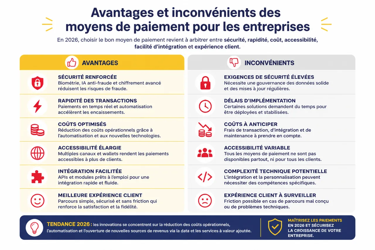 Comparer les moyens de paiement: quel est le plus adapté à votre activité en 2026 , Avantages et inconvénients des moyens de paiement pour les entreprises