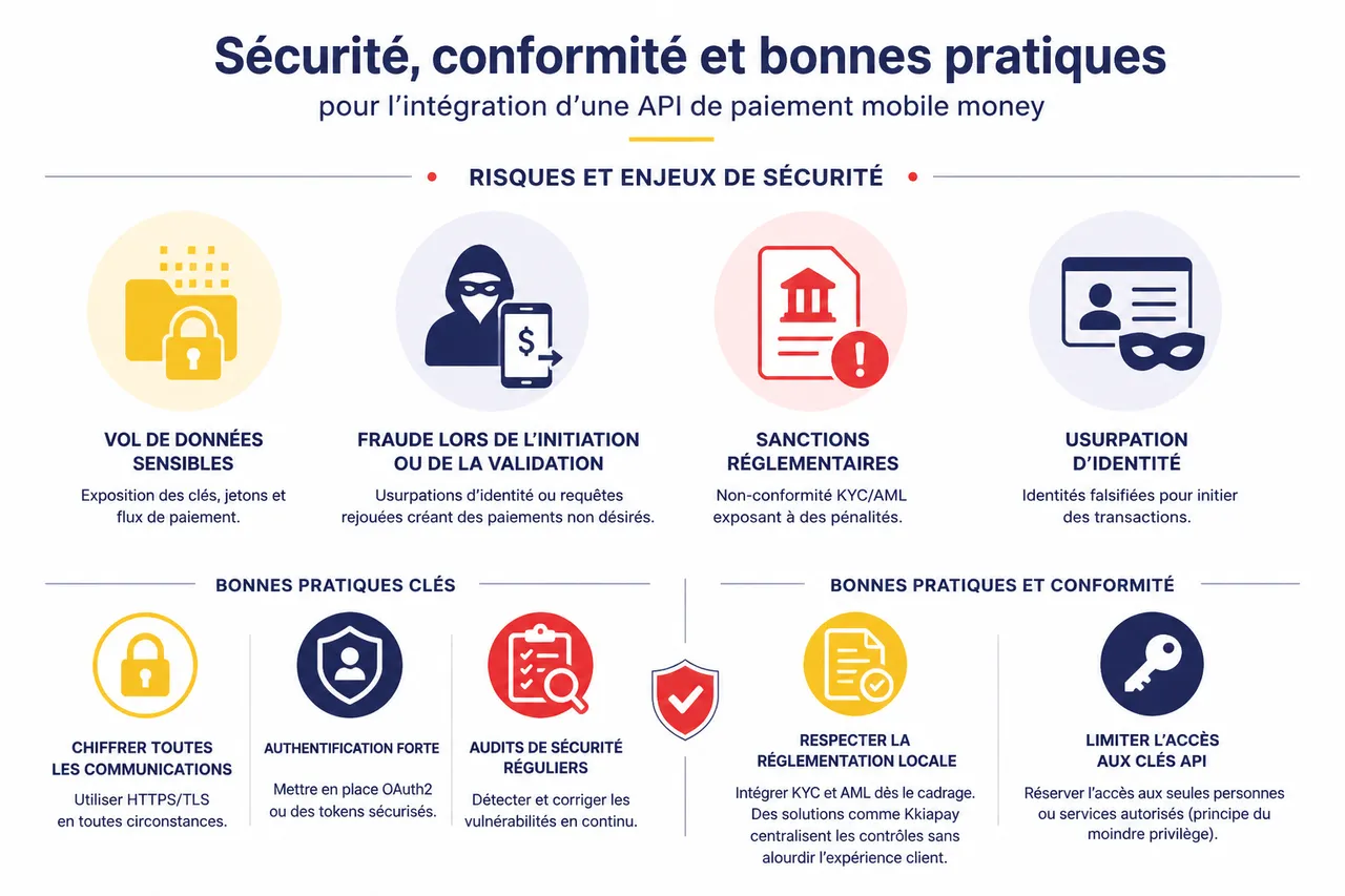 API de paiement mobile money: comment intégrer le mobile money sur votre site en Afrique , Sécurité, conformité et bonnes pratiques pour l’intégration d’une API de paiement mobile money