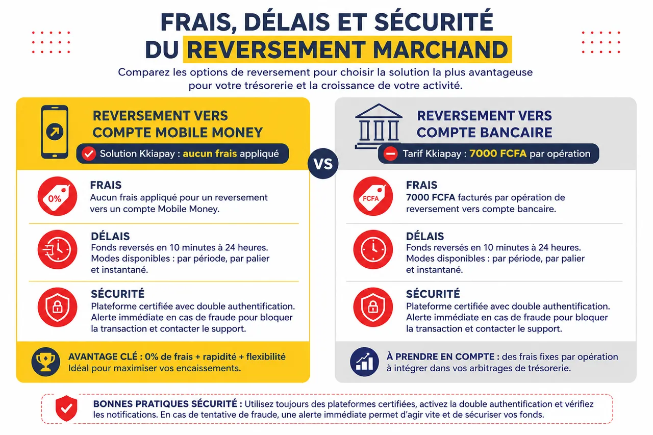 Reversement immédiat sur compte mobile money: quand et comment récupérer votre argent , Frais, délais et sécurité du reversement marchand