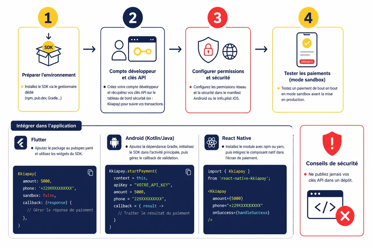 Intégrer le paiement mobile money dans une application mobile (Flutter, Android, React Native) , Étapes techniques pour intégrer un SDK de paiement mobile money