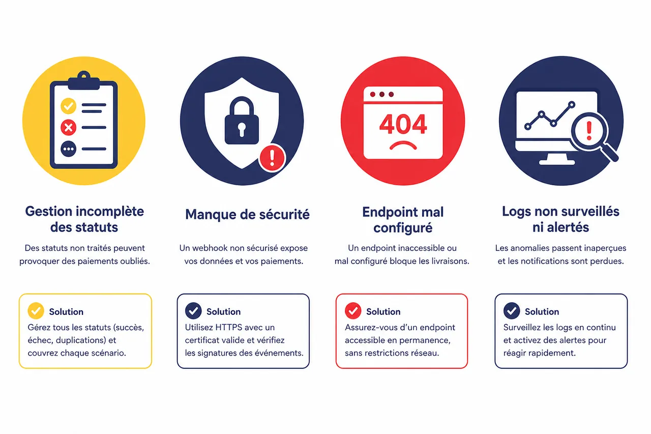 Webhooks de paiement: comment éviter les erreurs en 2026 , Erreurs courantes et solutions lors de l’implémentation