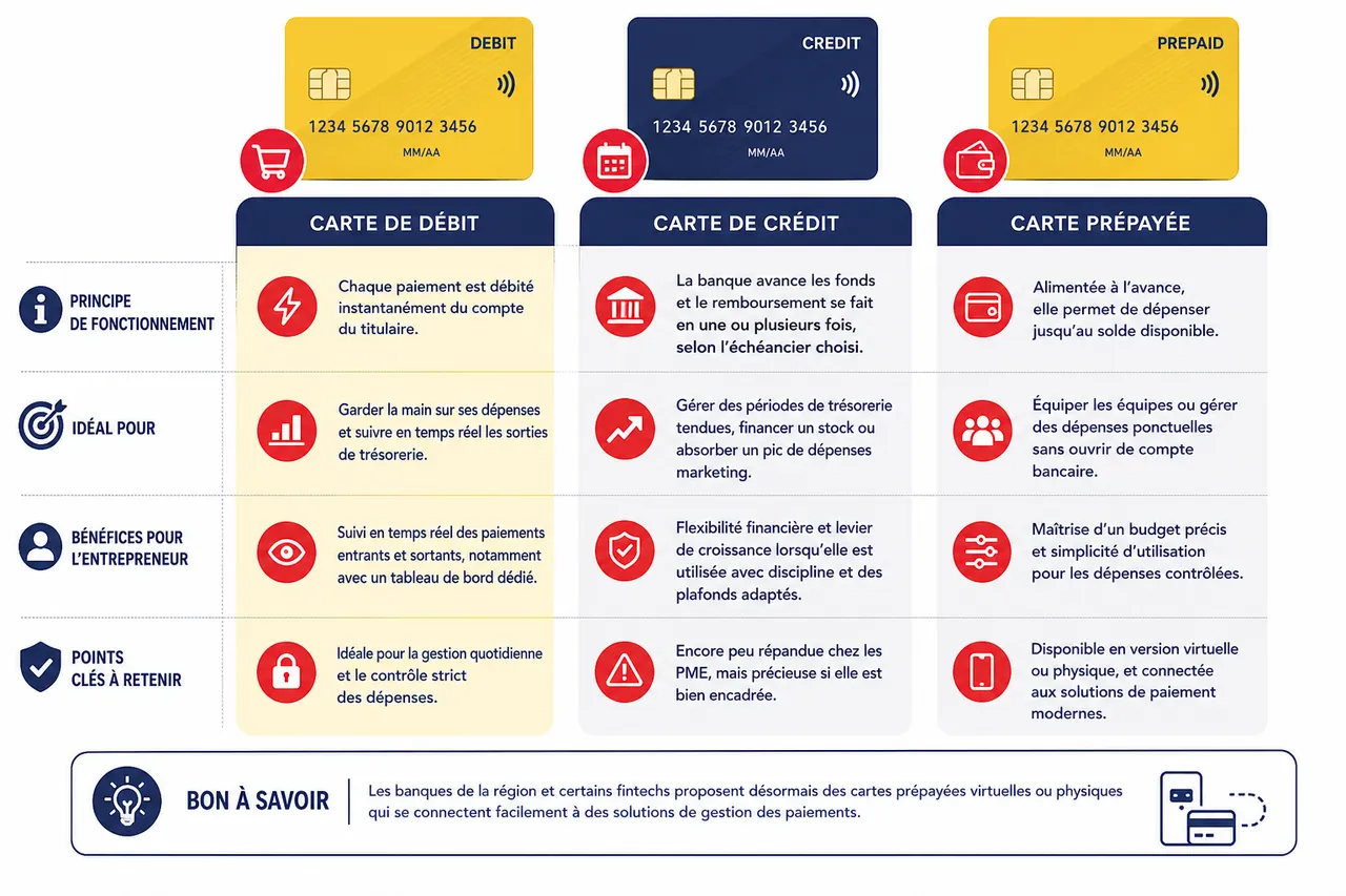 Carte bancaire pour entrepreneurs et e-commerçants en Afrique de l’Ouest: comment bien choisir et sécuriser vos paiements , Fonctionnement et types de cartes bancaires disponibles