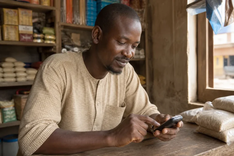 Terminal USSD affichant une transaction financière sans smartphone