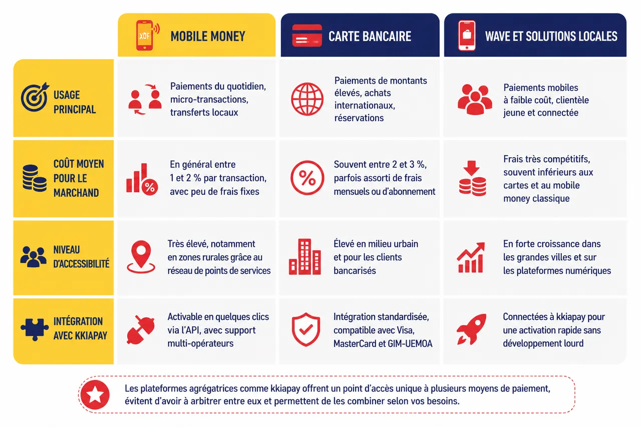 Moyens de paiement en ligne pour PME et startups: le guide pratique pour encaisser partout en Afrique de l’Ouest , Comparatif des moyens de paiement: avantages, inconvénients et critères de choix