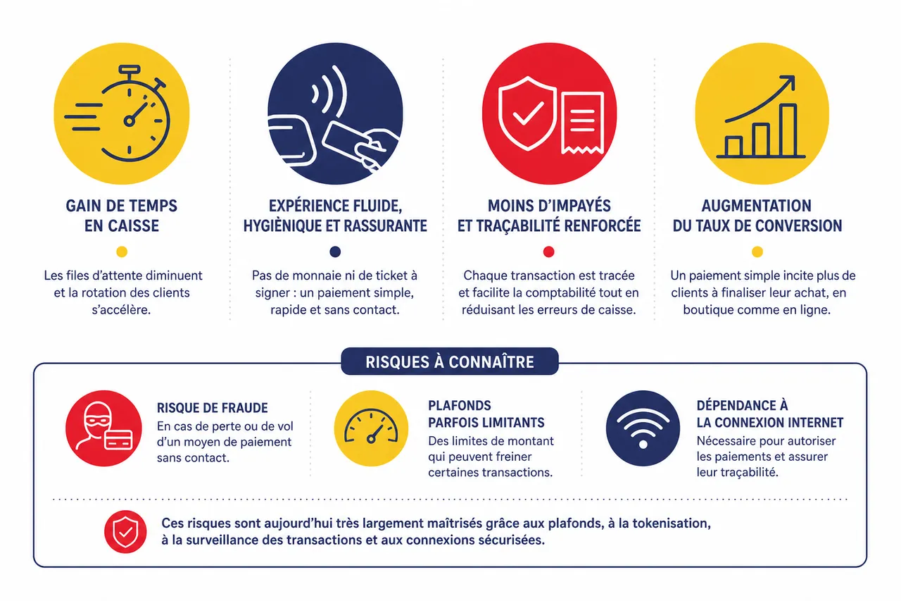 Paiement sans contact en boutique en 5 étapes pour l’accepter facilement (et éviter les erreurs fréquentes) , Avantages et risques du paiement sans contact