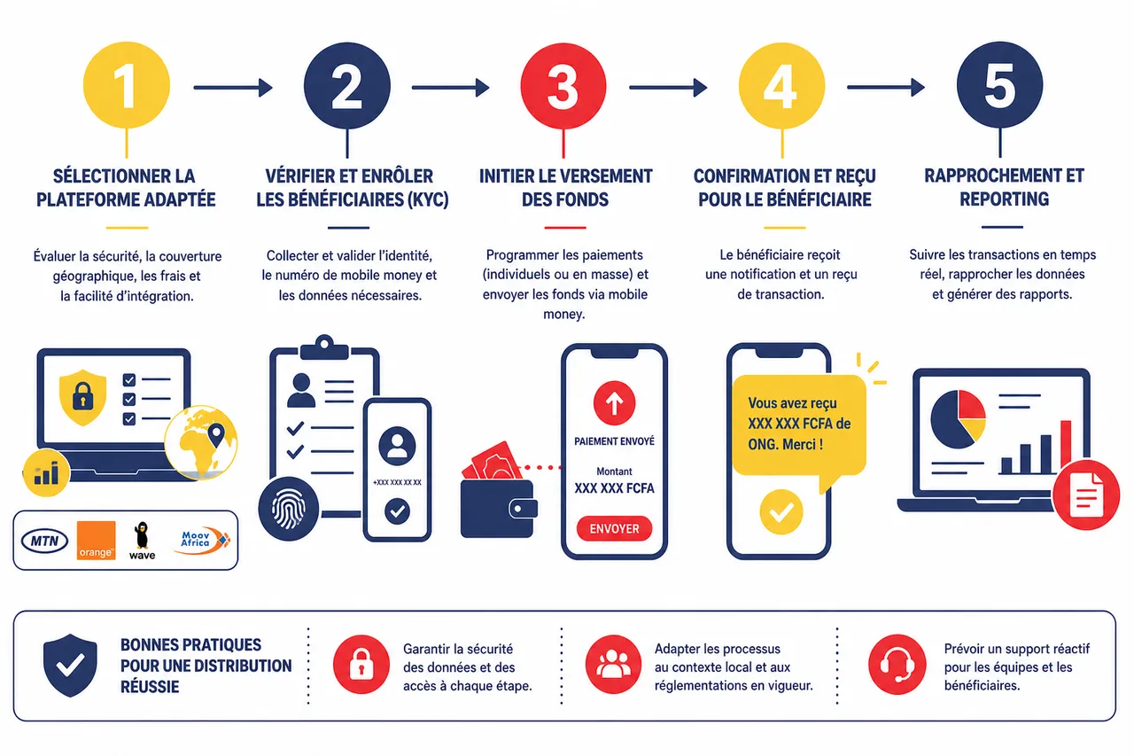 ONG et projets de développement: verser aides, per diem et indemnités par mobile money , Étape par étape: comment verser des aides par mobile money