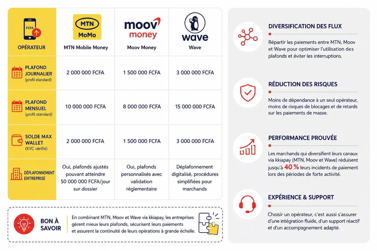 Plafonds, KYC et vérification des bénéficiaires: réussir un versement de masse sans échec , Comparaison des plafonds: MTN, Moov et autres opérateurs