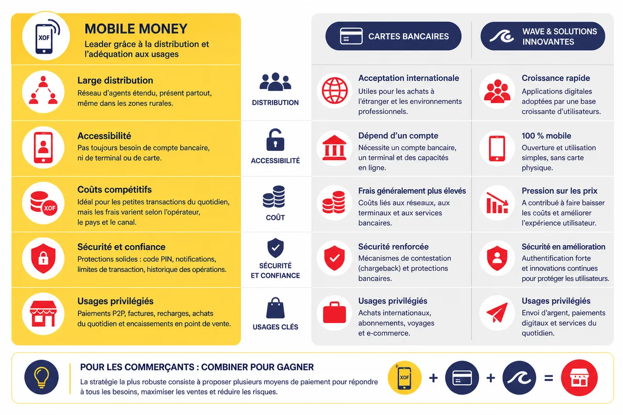 Pourquoi le Mobile Money domine les paiements en Afrique de l'Ouest? , Comparaison avec les cartes bancaires, Wave et les solutions innovantes