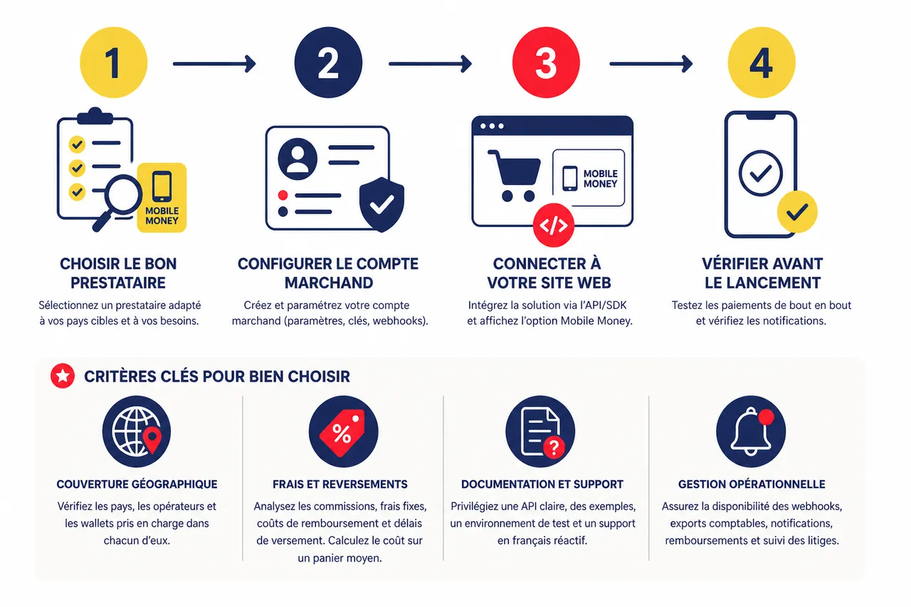 Comment accepter des paiements Mobile Money sur votre site web en Afrique de l'Ouest? , Étapes clés pour accepter le mobile money sur votre site web